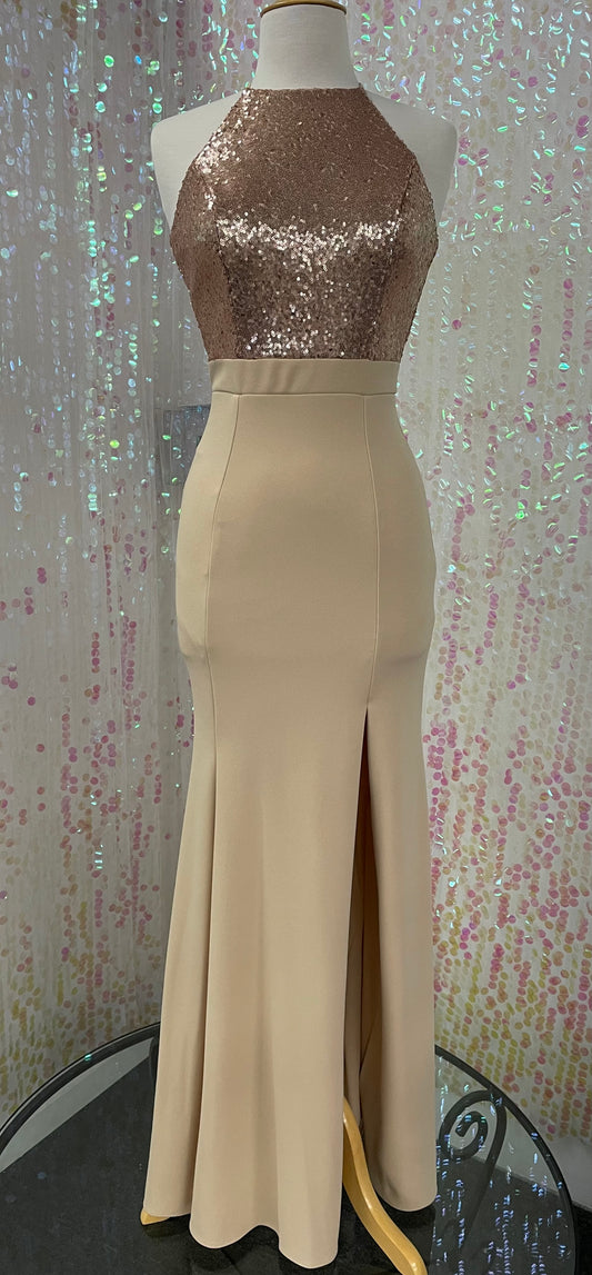 Lily's  Champagne FIE7096 Sequin Halter Neck Formal Gown