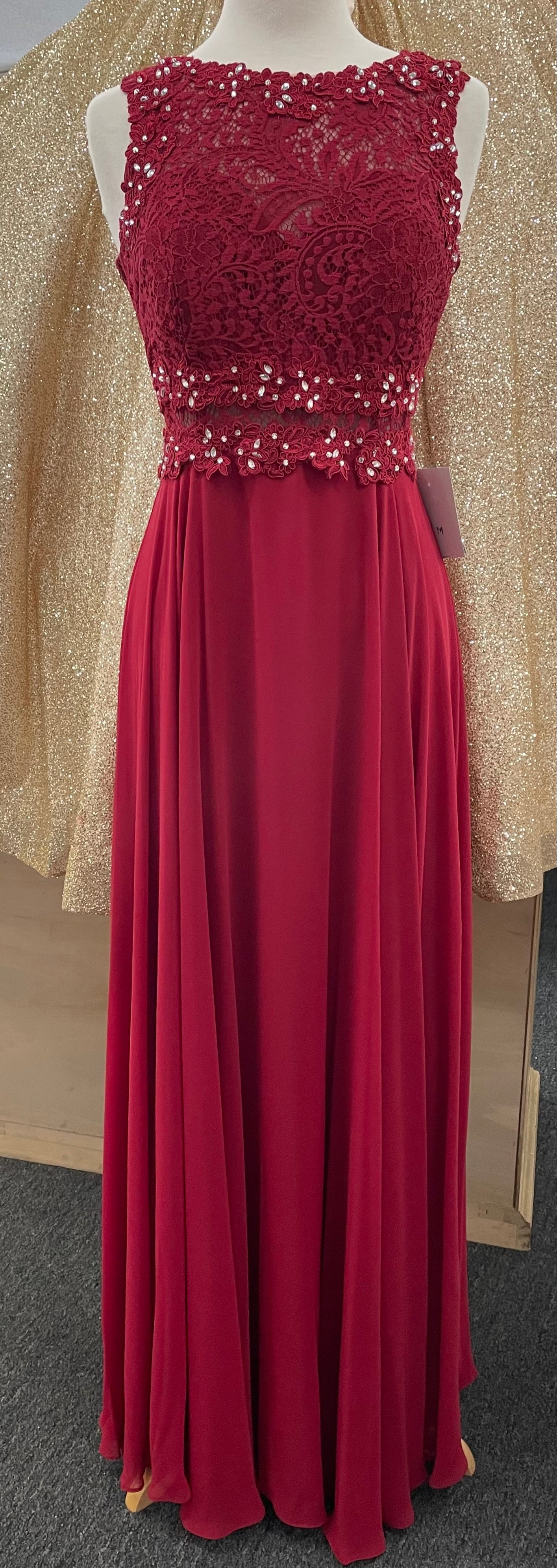 Burgundy lace evening dress.