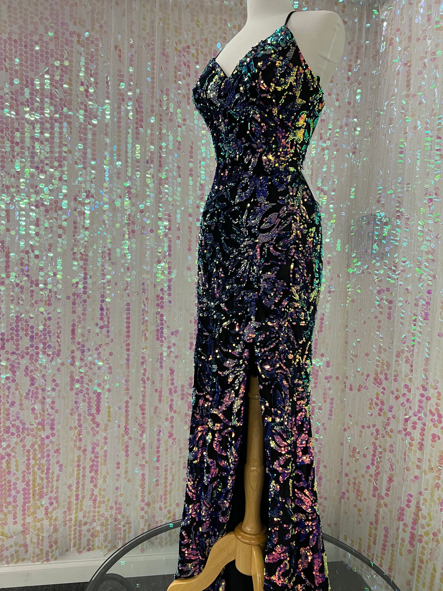 black and purple sequin dress Purple Sequin with Black Velvet Lace Up Back Dress, Size