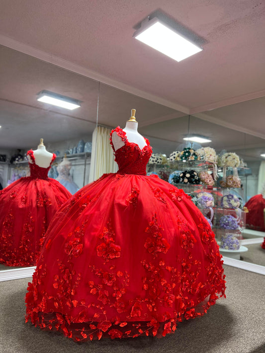 DQ1613 Lily's Red Floral Adorned Ball Gown