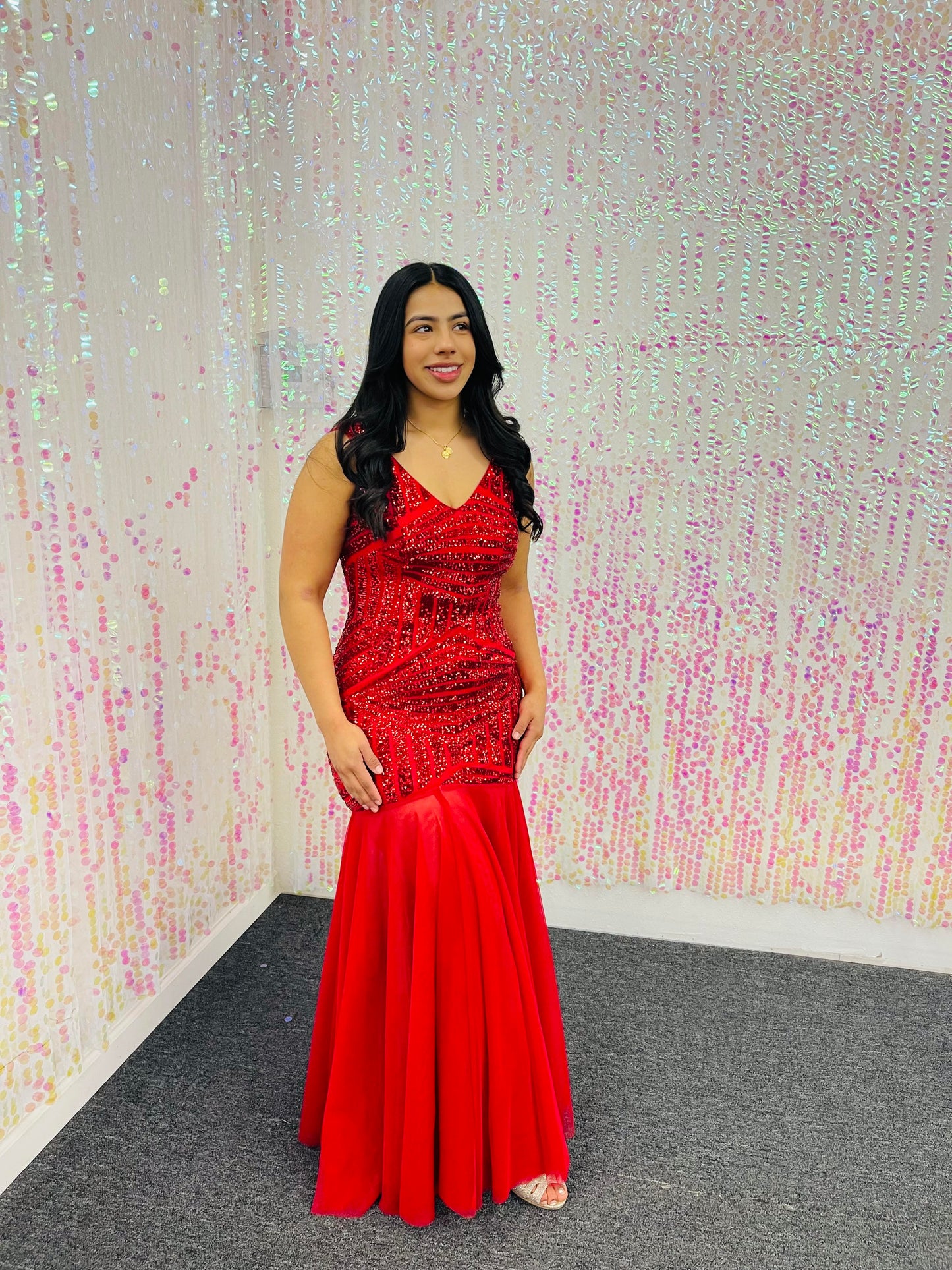 Lily's Red Sequin Mermaid Gown with tulle CY1412