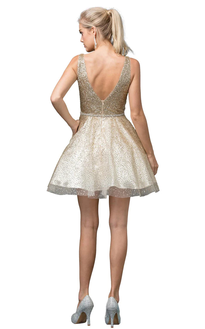 Lily's V-Neck Glittery Gold Dress DQ3178