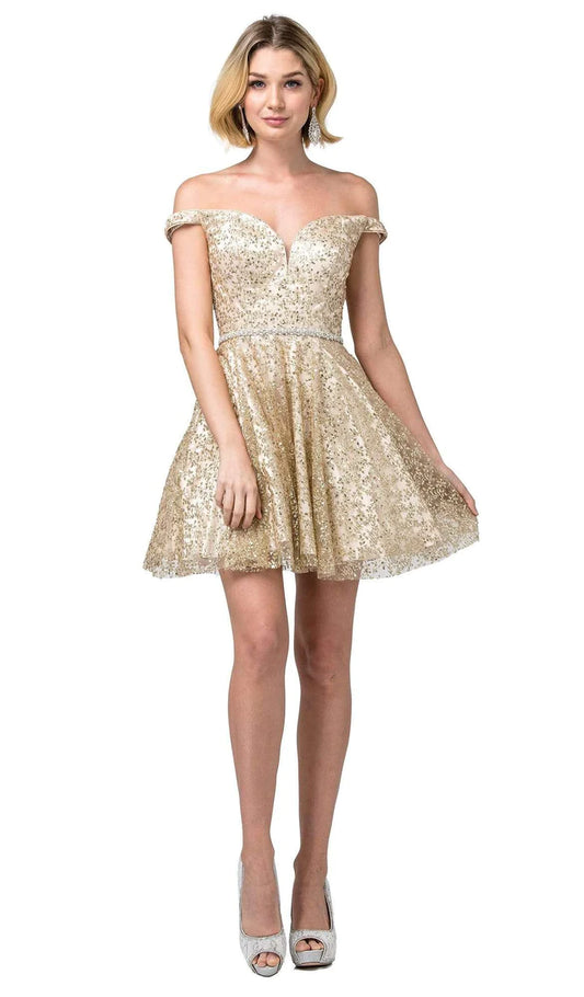 LILY'S CHAMPAGNE EMBELLISHED PLUNGING OFF-SHOULDER A-LINE DRESS DQ3184