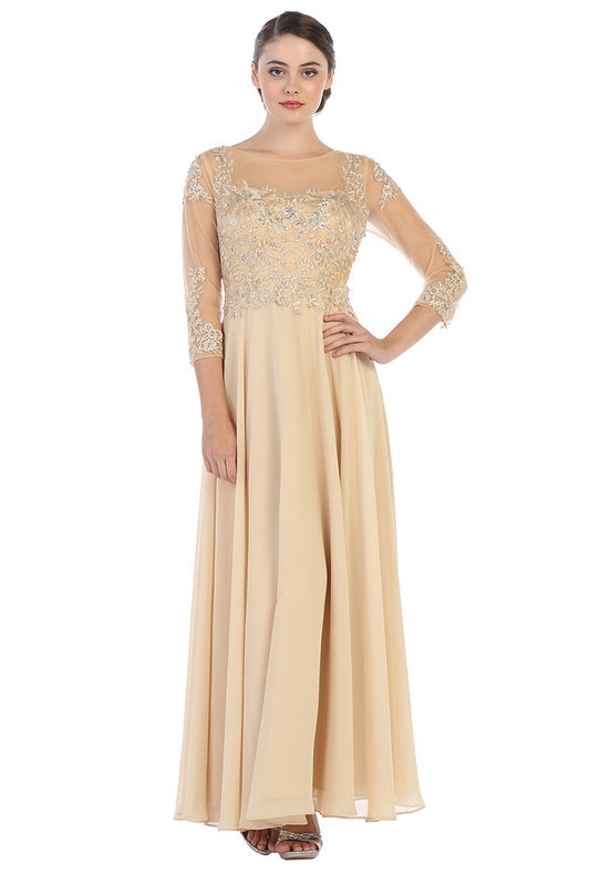 Lily's Champagne CY1572 3/4 Sleeve Mother of the Bride Lace and Chiffon Dress