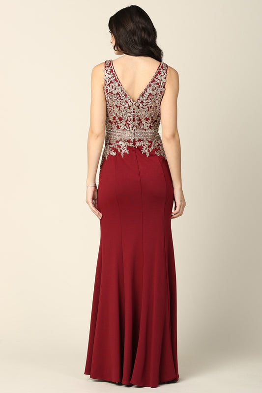 Lily's burgundy V-neck Embellished Bodice Formal Gown EV5225