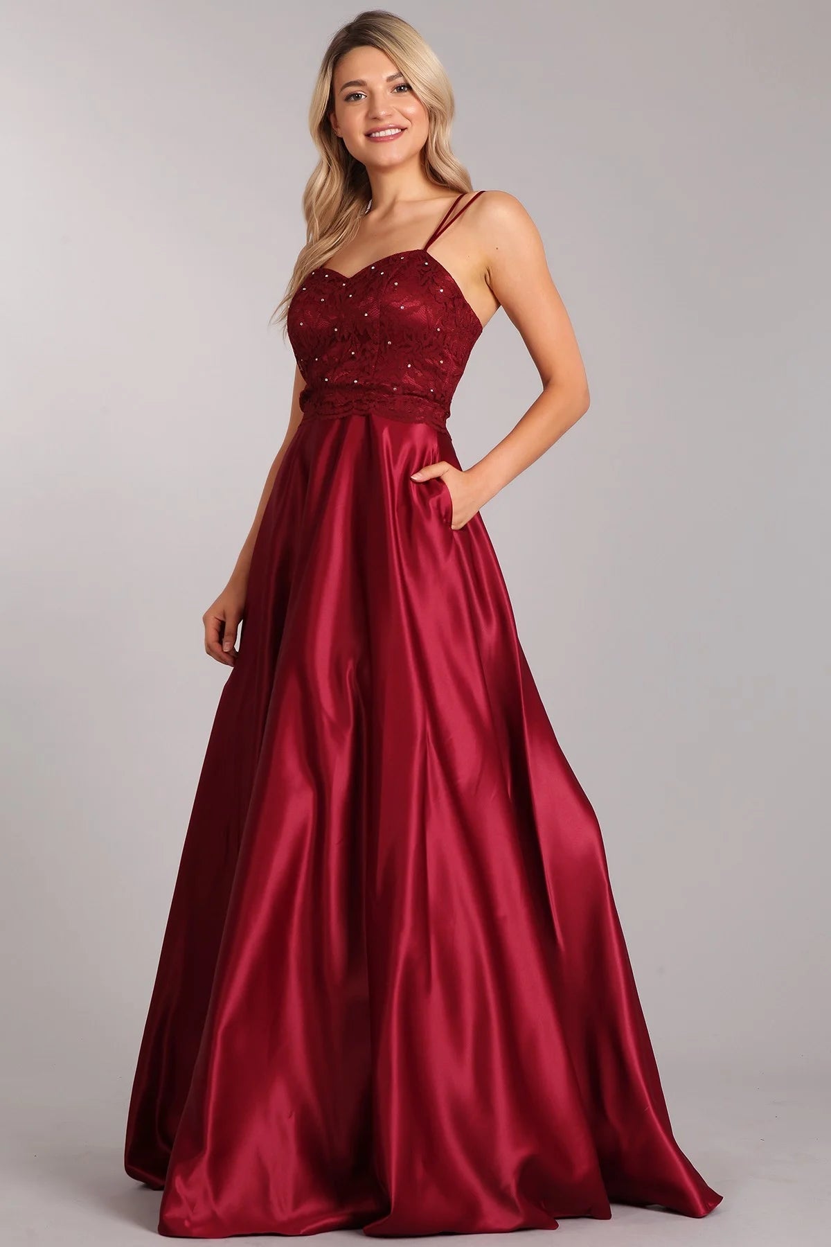 Lily's Burgundy FIE5403 A-line Satin/Lace Dress