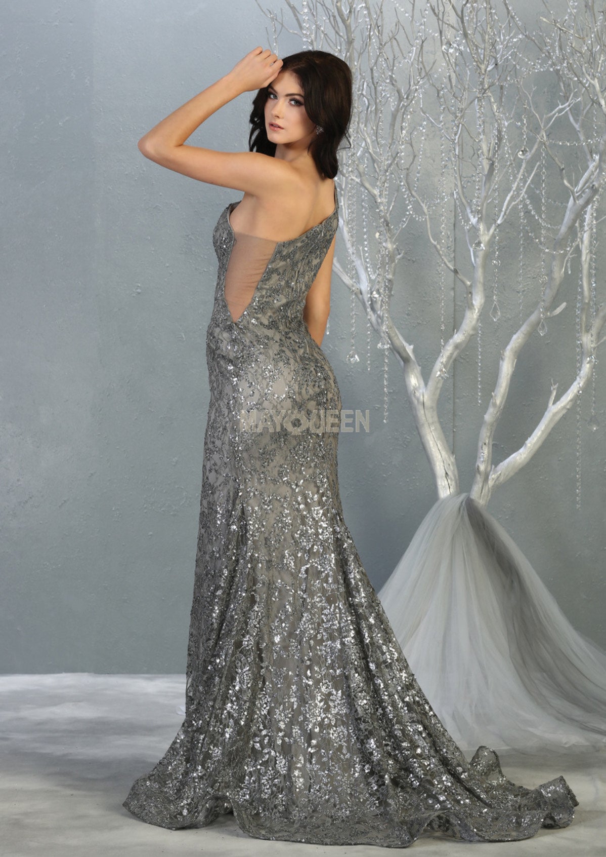 Lily's Charcoal one shoulder Silver Prom Dress MQ1804