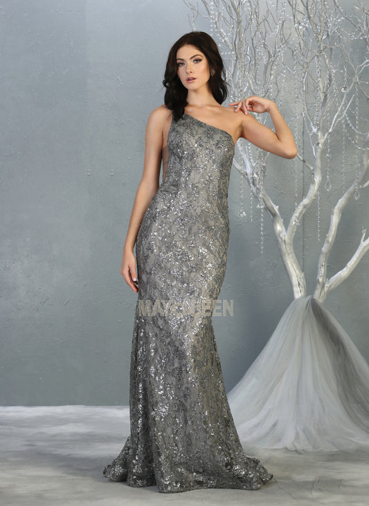 Lily's Charcoal one shoulder Silver Prom Dress MQ1804