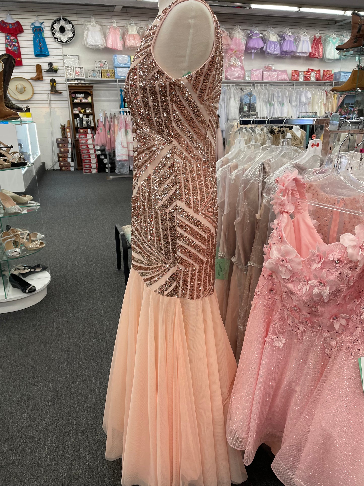 Lily’s blush sequins/tulle mermaid gown