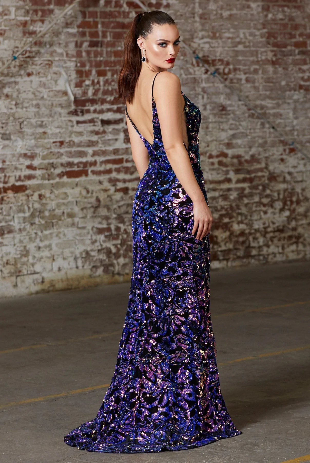 Lily's Violet Purple Long Sequin Print Fitted Dress #CD159