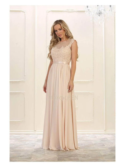 Lily's Champane Cap Sleeve Lace Applique Long Dress MQ1428