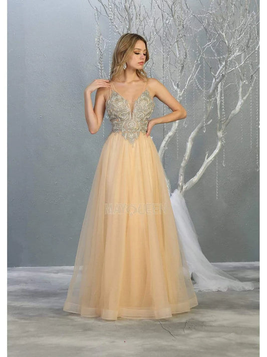 LILYS CHAMPAGNE LONG BEADED V-NECK BODICE TULLE DRESS