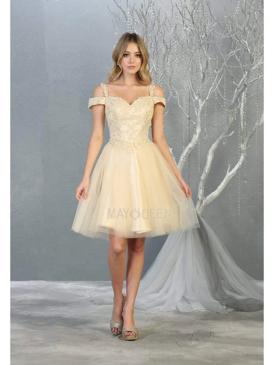 Lily's Champagne Short appliqued off the shoulder tulle dress MQ1809