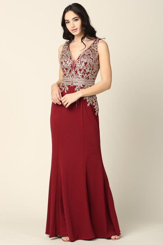 Lily's Burgundy V-neck Embellished Bodice Formal Gown EV5225