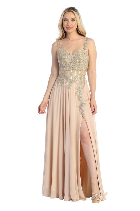 Lily's Champagne LT7766 Chiffon lace Formal Gown