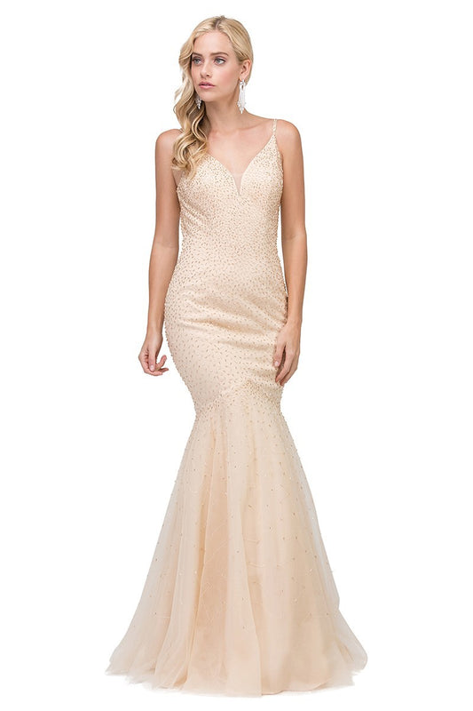 Lilys champagne Beaded to Bottom Evening Dress DQ2437